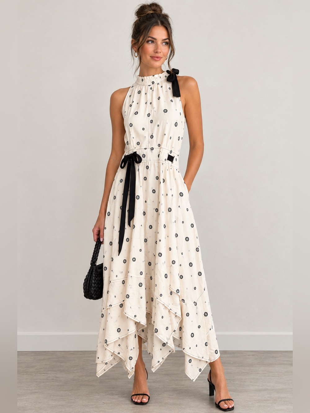 Proenza Schouler Silk Cream Polka Dot High-Low Dress with Black Ties